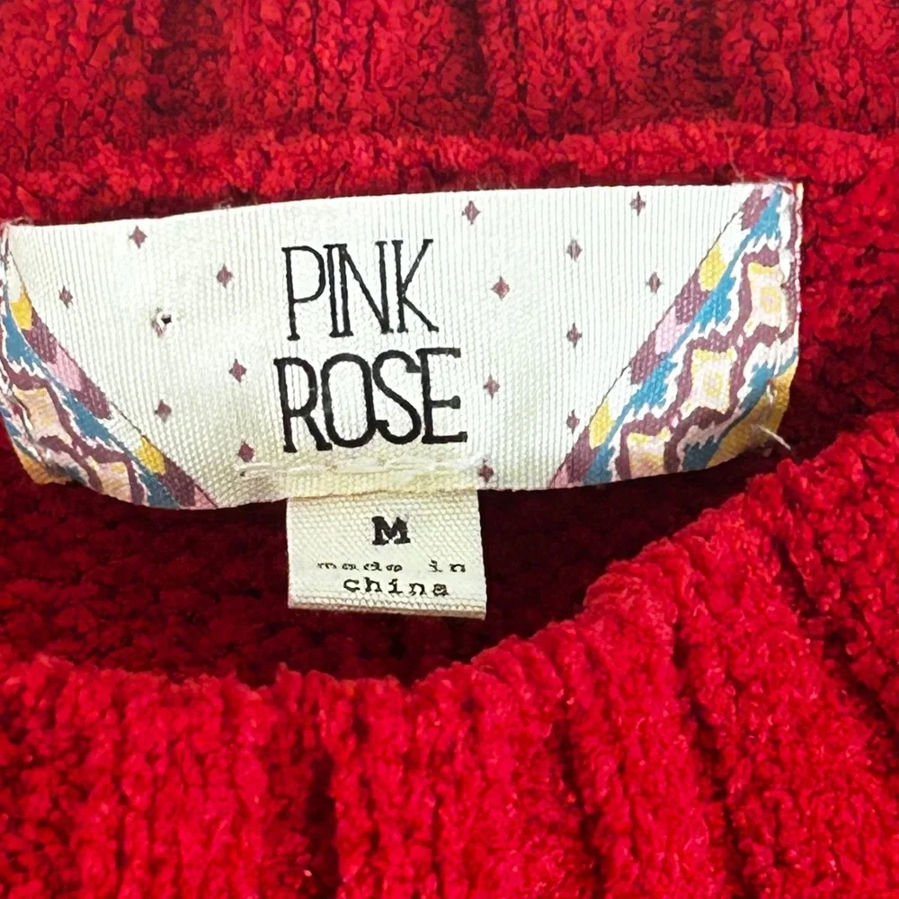 Pink Rose Red Chenille Cable Knit Sweater Womens Medium ‎ Recycled Pullover
